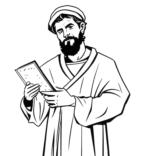 Dibujo lineal de un hombre sosteniendo una cruz y una Biblia, representando las creencias evangélicas de Zherka