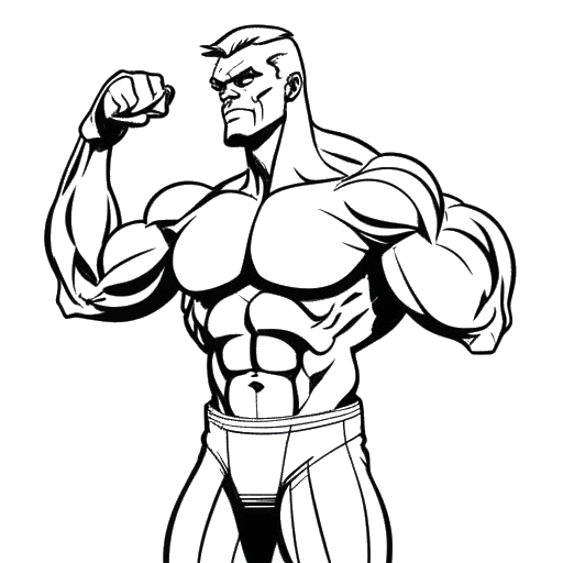 Line art-tekening van een man die zijn spieren spant, wat Zherka's geloof in mannelijke superioriteit vertegenwoordigt