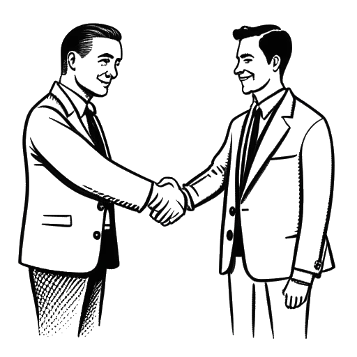 Line art-tekening van twee mannen die handen schudden, wat Zherka's vriendschap met Nick Fuentes vertegenwoordigt