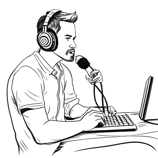Line art-tekening van een man die een microfoon en een computer gebruikt, wat Zherka's streamingcarrière vertegenwoordigt