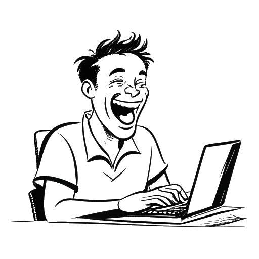 Desenho artístico de um homem rindo diante de uma tela de computador, representando a zombaria de Zherka em relação ao negócio de webcams dos Tates