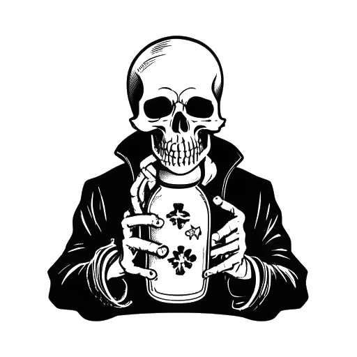 Desenho artístico de um homem segurando um frasco de pílulas e um cartaz com uma caveira e ossos cruzados, representando as visões controversas de Zherka sobre masculinidade e uso de drogas