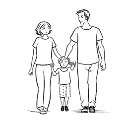 Disegno lineare semplice che rappresenta Jaidyn Alexis e il suo compagno insieme ai loro due figli, simboleggiando il loro legame familiare e il cammino insieme.