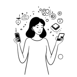 Line art drawing of a woman, representing Jaidyn Alexis, engaging with a smartphone and surrounded by floating social media notifications, signifying her ascent to fame.