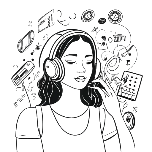 Dessin en noir et blanc d'une femme, représentant Jaidyn Alexis, dans un studio de musique avec des écouteurs, tenant des produits de soins de la peau, entourée de notes de musique et de signes de dollar, représentant ses sources de revenus.