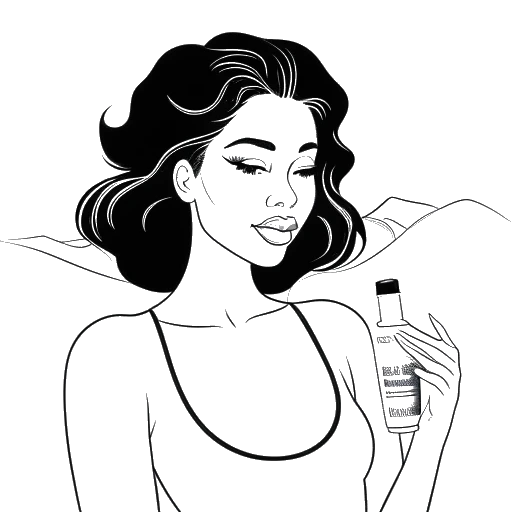 Desenho de linha de uma mulher, representando Jaidyn Alexis, segurando um produto de beleza. O fundo mostra o logo da Babyface Skin & Body e uma paisagem da Califórnia.