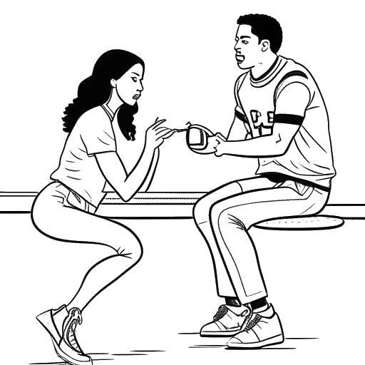Dibujo de arte lineal de un hombre proponiéndole matrimonio a una mujer, representando a Blueface y Jaidyn Alexis, en un partido de fútbol americano en el Estadio SoFi.