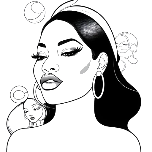 Line art drawing of a woman, representing Jaidyn Alexis, with thought bubbles containing the faces of Nicki Minaj, Cardi B, and Megan Thee Stallion.
