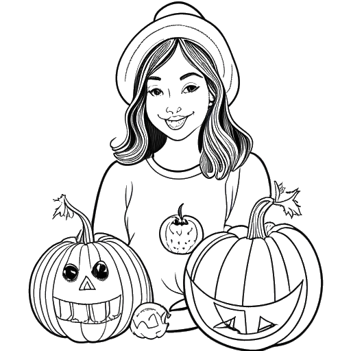 Dibujo de arte lineal de una mujer, representando a Jaidyn Alexis, sosteniendo una calabaza de Halloween y adornos navideños, rodeada de decoraciones festivas.