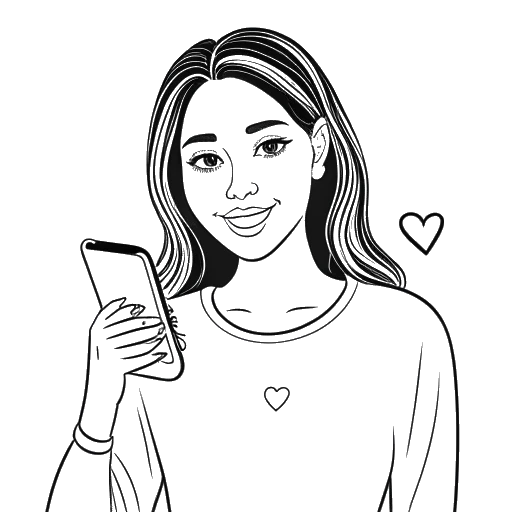 Dibujo de arte lineal de una mujer, representando a Jaidyn Alexis, sosteniendo un teléfono inteligente con el logo de Instagram, rodeada de corazones y 'me gusta'.