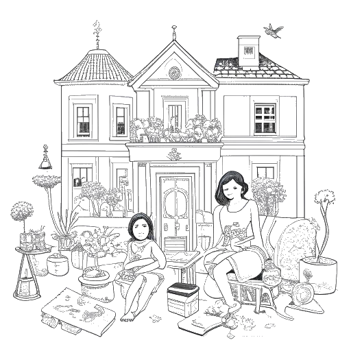 Line art drawing of a woman, representing Jaidyn Alexis, playing with her children, surrounded by luxury items and a lavish home.