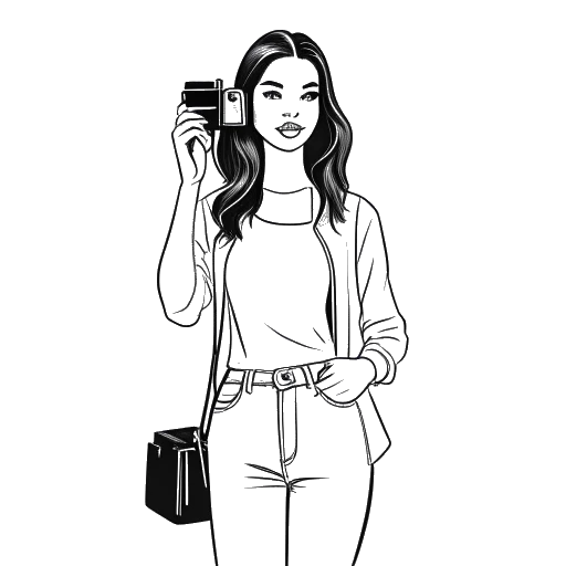 Dibujo de arte lineal de una mujer, representando a Jaidyn Alexis, sosteniendo una cámara y adoptando una pose de modelo. El fondo muestra un perchero de ropa de moda y un banner promocional.
