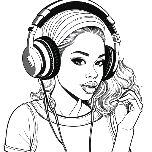 Line art drawing of a woman, representing Jaidyn Alexis, wearing headphones. The background shows album covers of 'Barbie,' 'Stewie,' and 'Bounce' with music notes.