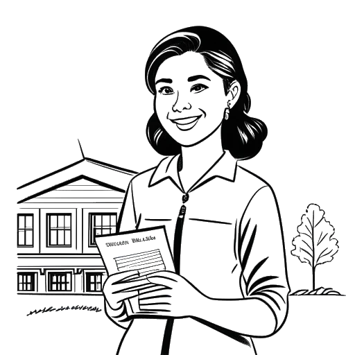Line art drawing of a woman, representing Jaidyn Alexis, holding a school diploma. The background shows a private school building with a United States flag.