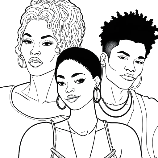 Strichzeichnung einer Frau und zweier Männer, die Jaidyn Alexis, Blueface und Chrisean Rock darstellen und eine komplizierte Beziehung zeigen.