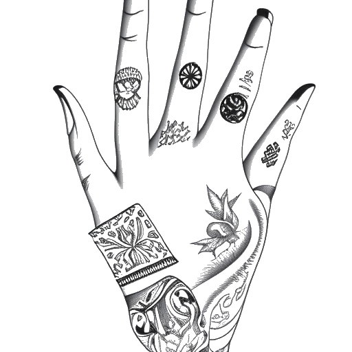 Line art drawing of a woman's hand, representing Jaidyn Alexis, with a tattoo of the text 'Blueface' on it and various other tattoo designs.