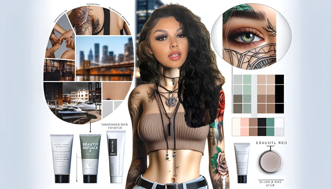 Jaidyn Alexis with intricate tattoos, dressed in high-end fashion, confidently engaging with the camera amidst a backdrop featuring LA skyline and skincare products.