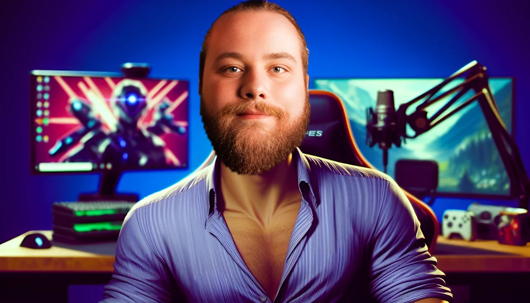 Chad Rick Roberts (Anything4views) in una posa affascinante e birichina, vestito con un abbigliamento da gamer casual, ambientato su uno sfondo di simboli di videogiochi e colori vibranti.