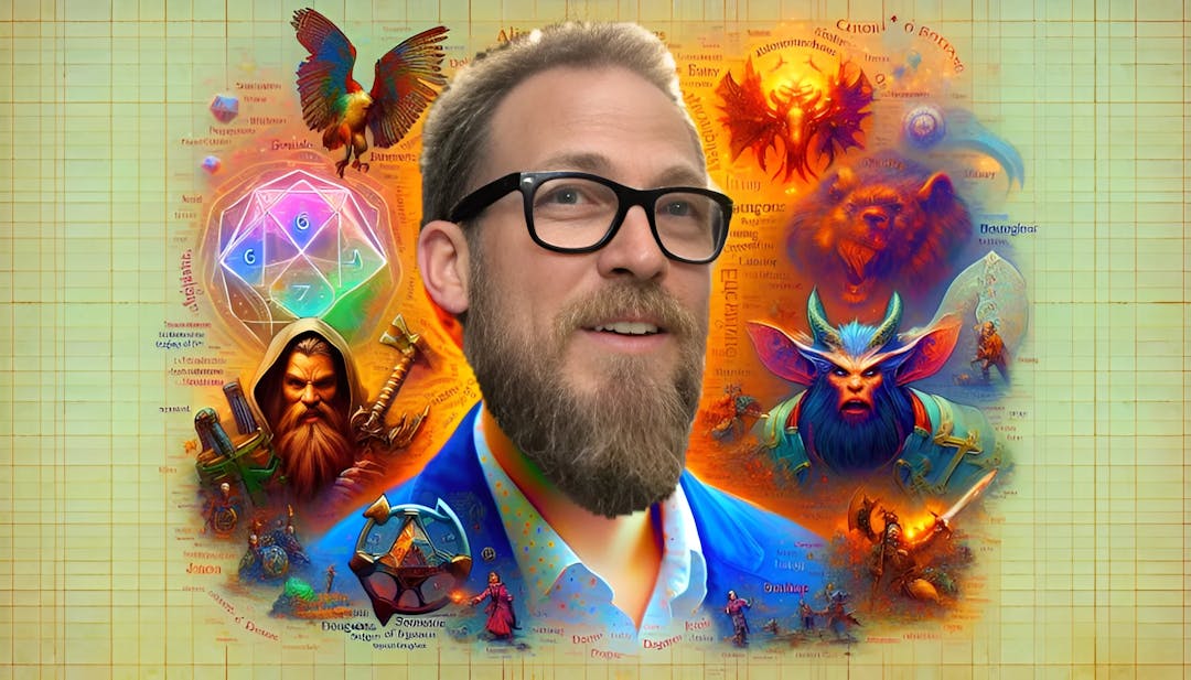 Nerdrotic, a male with a stout body type, fair skin, and a beard, wearing glasses and smiling at the camera with elements representing his passion for tabletop games and folklore. Vibrant and high-resolution image.