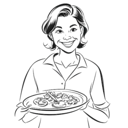 Dibujo en arte lineal de Lena Meyer-Landrut sosteniendo un plato de comida deliciosa, con una sonrisa de satisfacción en su rostro.