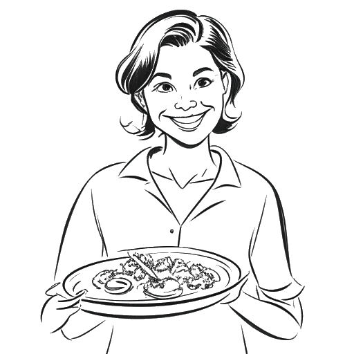 Dibujo en arte lineal de Lena Meyer-Landrut sosteniendo un plato de comida deliciosa, con una sonrisa de satisfacción en su rostro.