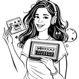 Line art drawing of Lena Meyer-Landrut proudly holding a cassette player, symbolizing her debut album 'My Cassette Player', surrounded by musical notes, on a white background.