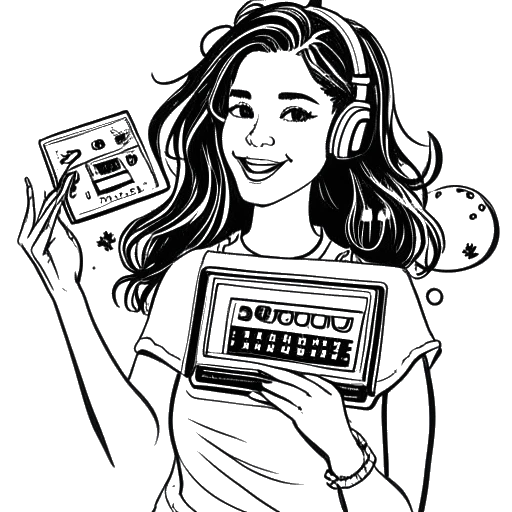Dessin en ligne de Lena Meyer-Landrut tenant son premier album, 'My Cassette Player', avec une expression joyeuse et entourée de notes de musique.