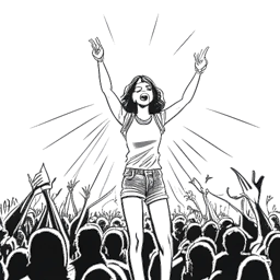 Lijntekening van Lena Meyer-Landrut die 'Satellite' uitvoert op een groot podium, met een stralende glimlach en zelfverzekerde houding, omringd door verblindende lichten en juichende fans.