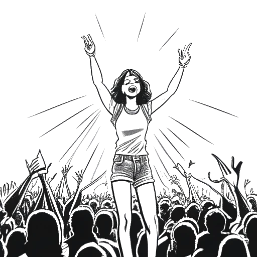 Line art drawing of Lena Meyer-Landrut performing 'Satellite' on a grand stage, with a radiant smile and confident posture, surrounded by dazzling lights and cheering fans.