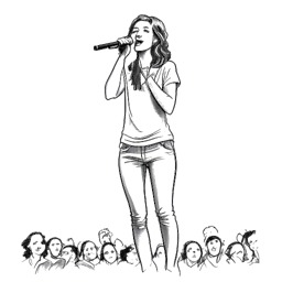 Line art drawing of a woman, representing Lena Meyer-Landrut, with flowing hair, passionately embracing a microphone on a white backdrop.