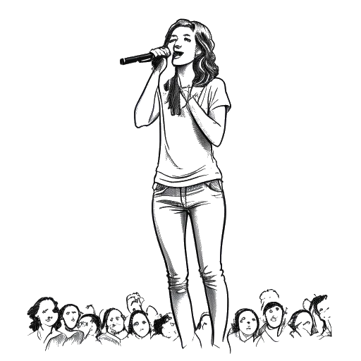 Line art drawing of a woman representing Lena Meyer-Landrut, standing on a stage with a microphone in hand, surrounded by adoring fans.