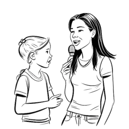 Line art drawing of Lena Meyer-Landrut in a mentoring pose, coaching a child for The Voice Kids, with an encouraging and supportive demeanor, against a white backdrop.
