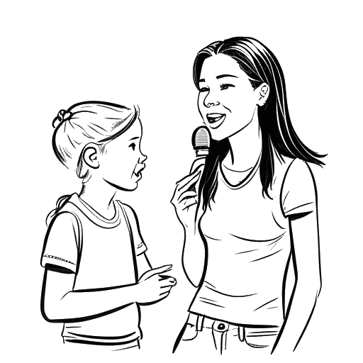 Strichzeichnung von Lena Meyer-Landrut, die einen jungen Teilnehmer bei The Voice Kids coacht, mit unterstützendem und ermutigendem Verhalten.