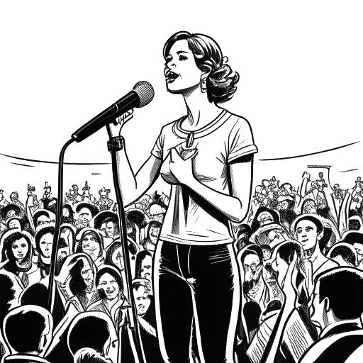 Lijnkunsttekening van een vrouw die Lena vertegenwoordigt, zelfverzekerd op het podium staat met een microfoon in de hand, omringd door symbolen die haar muzikale prestaties vertegenwoordigen. De afbeelding toont Lena's charisma en succes als muzikant.