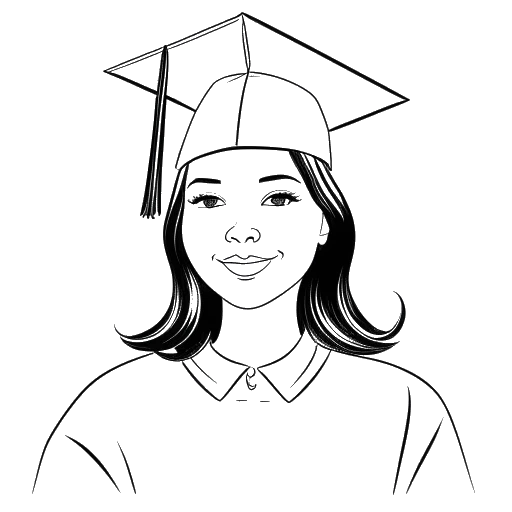 Line art drawing of a woman representing Lena, wearing a graduation cap and holding a diploma.