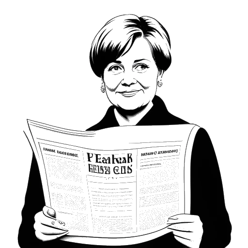 Line art drawing of a woman representing Lena, holding a newspaper with Angela Merkel on the cover.