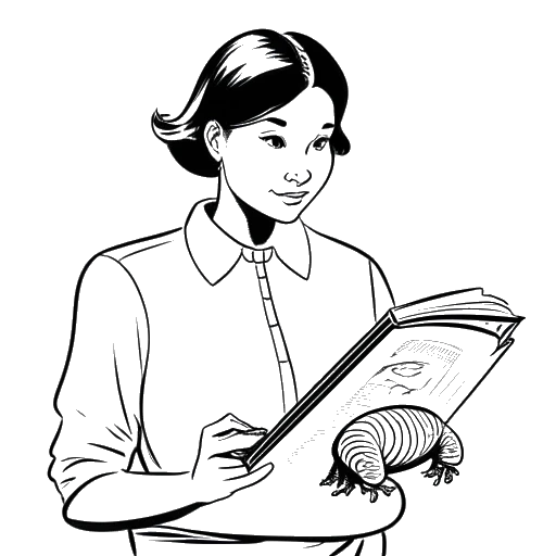 Line art drawing of a woman representing Lena, holding a script with a cartoon turtle in the background.