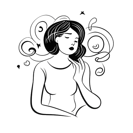 Line art drawing of a woman representing Lena, sitting with her head in her hands and a thought bubble containing musical notes and a question mark.