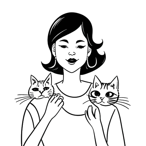 Dessin en noir et blanc d'une femme représentant Lena, tenant deux chats avec des bulles de dialogue disant 'Sam' et 'Benni'.