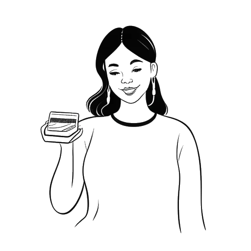 Line art drawing of a woman representing Lena, holding a cake and a smartphone displaying the Instagram logo.