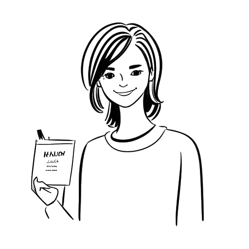 Line art drawing of a woman representing Lena, holding a name tag with her full surname on it.