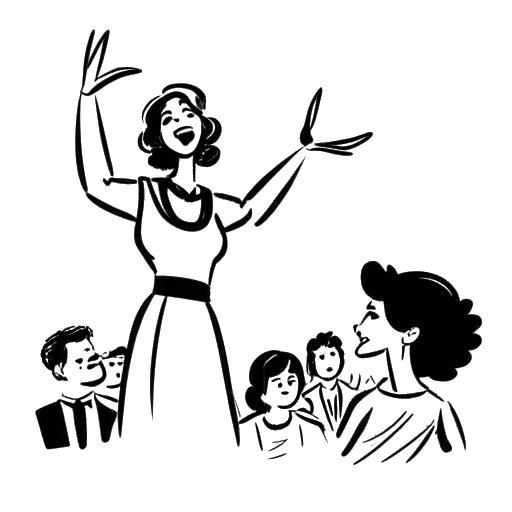 Dibujo lineal de una mujer representando a Lena, recibiendo aplausos de un jurado con un globo de diálogo que dice '¡Bravo!'.