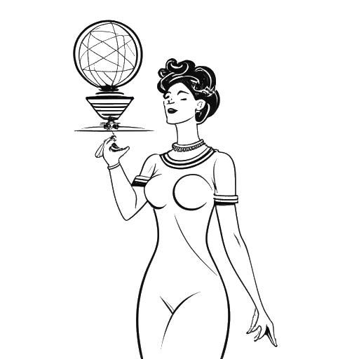Line art drawing of a woman representing Lena, holding a golden trophy with a satellite orbiting above.