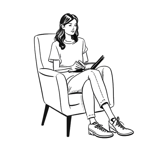 Desenho em arte linear de uma mulher representando Lena, sentada em uma cadeira de diretor e segurando um controle remoto de TV.