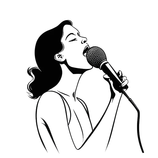 Dessin en noir et blanc d'une femme représentant Lena, chantant dans un microphone sous un simple projecteur.