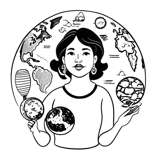 Dessin en noir et blanc d'une femme représentant Lena, tenant un globe avec des bulles de dialogue dans différentes langues.