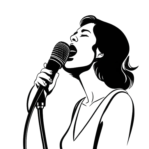 Desenho em arte linear de uma mulher representando Lena, cantando em um microfone sob um holofote.