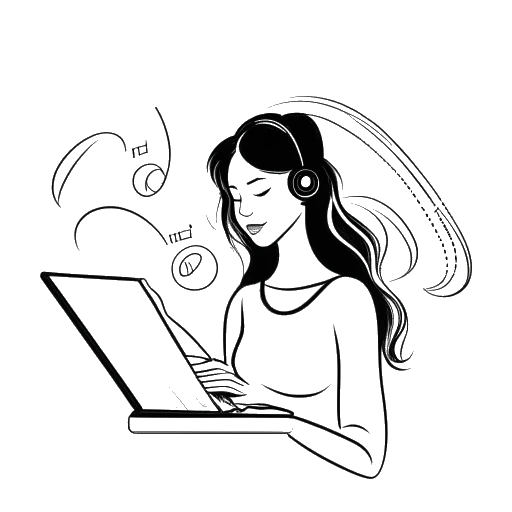 Desenho em arte linear de uma mulher representando Lena, segurando três notas musicais na frente de um gráfico do iTunes em um laptop.