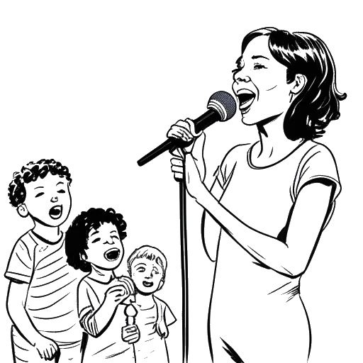 Lijntekening van een vrouw die Lena vertegenwoordigt, een microfoon vasthoudend met kinderen die op de achtergrond zingen.