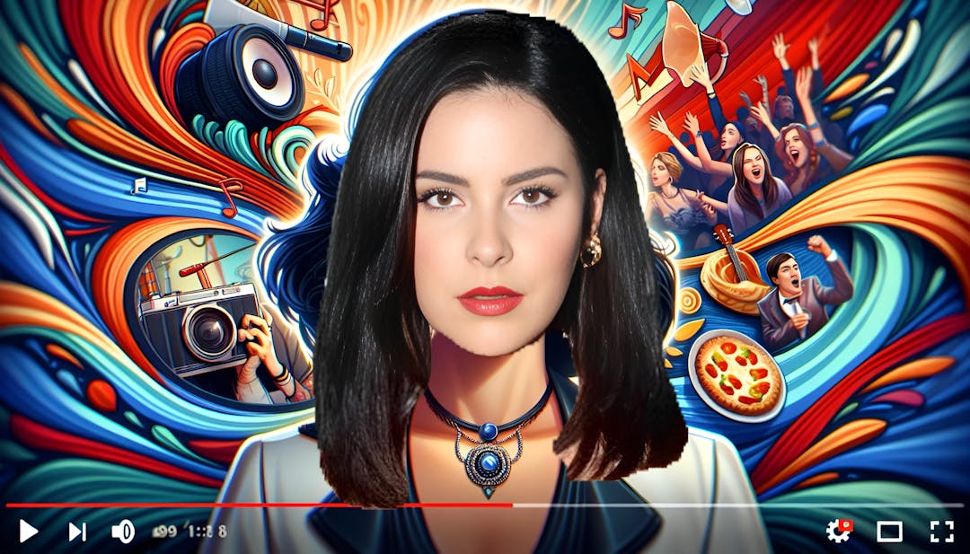 Lena Johanna Therese Meyer-Landrut, a confident woman with fair skin and dark hair, looking directly at the camera. She is wearing red lipstick, visible earrings, and a necklace. The vibrant background showcases her musical achievements and personal interests, while her attire reflects her stylish and contemporary image.
